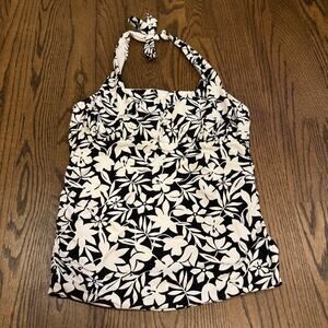Lands End Womens Black White Floral Halter Tankini Swim Suit Top Plus Size 14
